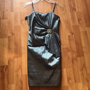 Satin gray metallic silver dress with broach